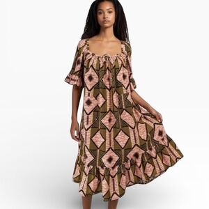 Tribal Print Pink & Green Midi Dress Ruffles Pockets Cottagecore Prairie Large